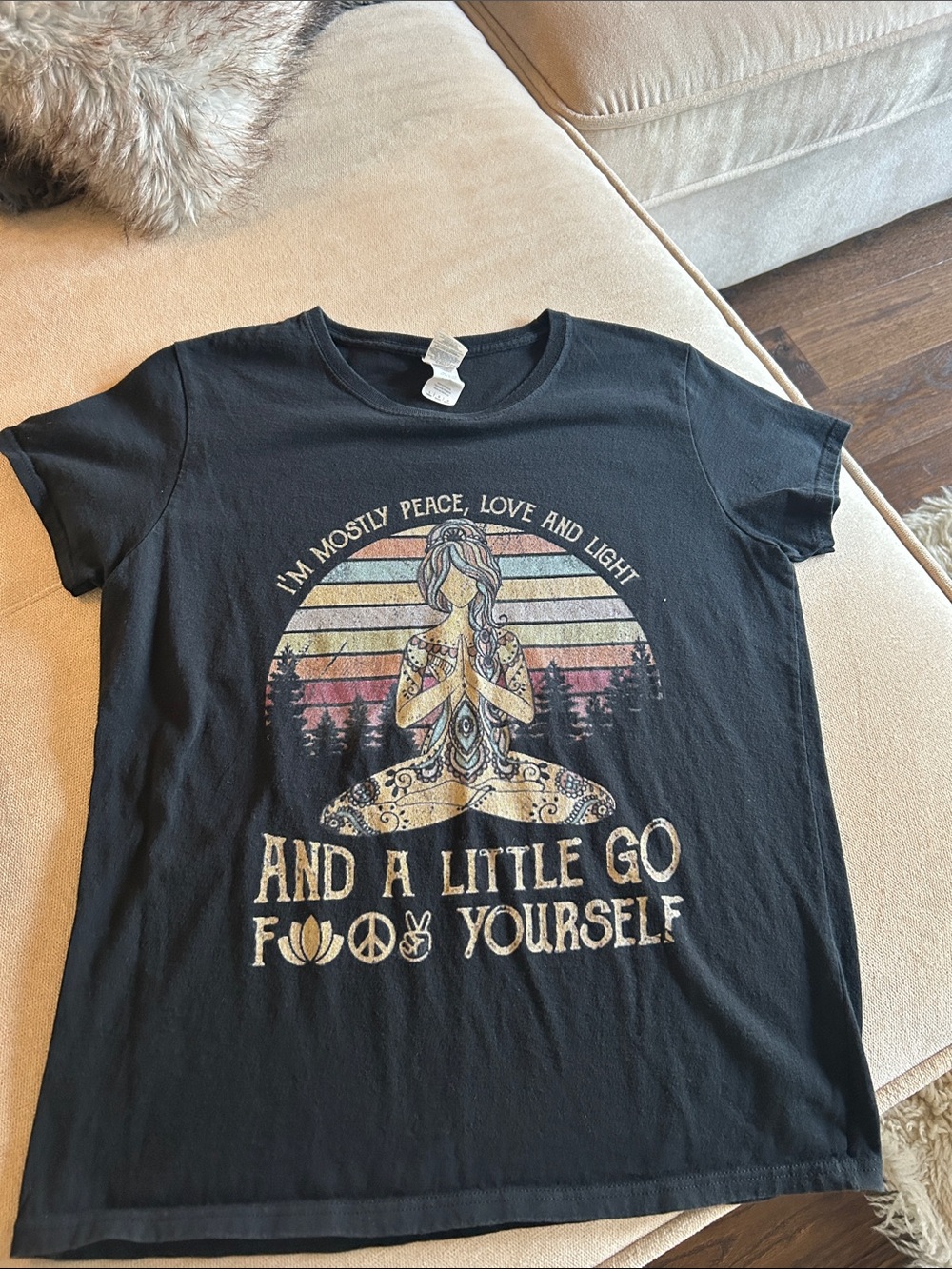 Gildan Black Womens Graphic Tee with Sunset Yoga Design